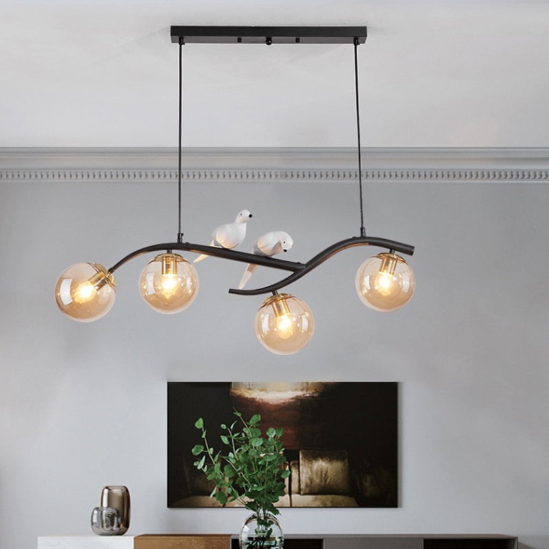 Metal Branch Hanging Lamp Contemporary 4-Light Black/Gold Island Pendant with Bird Deco and Smoke Grey/Cognac Glass Shade Black Cognac Clearhalo 'Ceiling Lights' 'Glass shade' 'Glass' 'Island Lights' Lighting' 1937732
