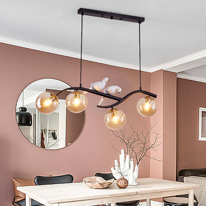 Metal Branch Hanging Lamp Contemporary 4-Light Black/Gold Island Pendant with Bird Deco and Smoke Grey/Cognac Glass Shade Clearhalo 'Ceiling Lights' 'Glass shade' 'Glass' 'Island Lights' Lighting' 1937733