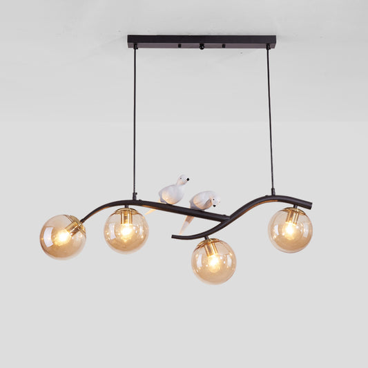 Metal Branch Hanging Lamp Contemporary 4-Light Black/Gold Island Pendant with Bird Deco and Smoke Grey/Cognac Glass Shade Clearhalo 'Ceiling Lights' 'Glass shade' 'Glass' 'Island Lights' Lighting' 1937734