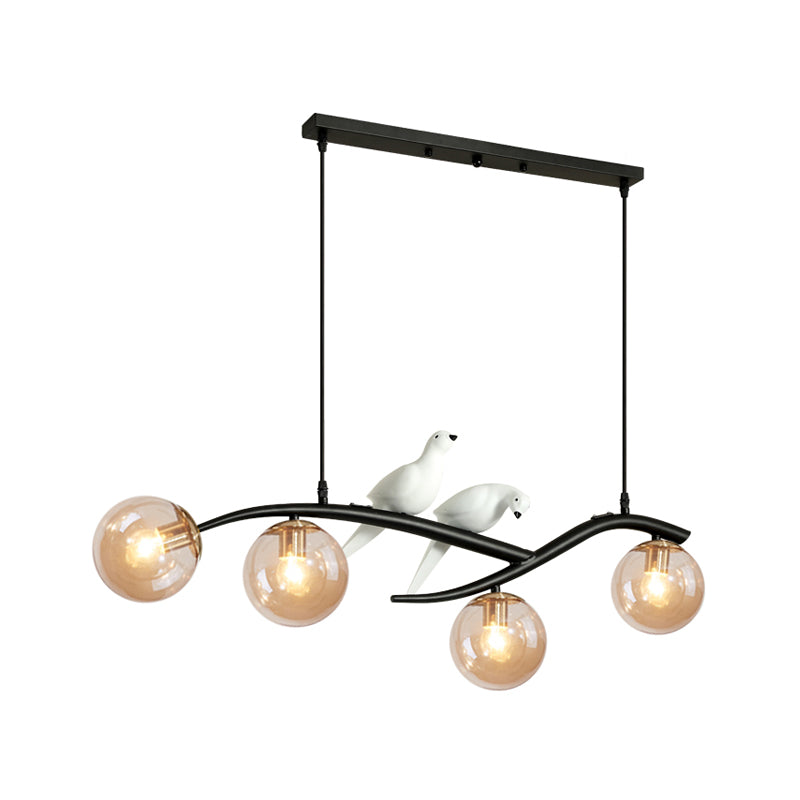 Metal Branch Hanging Lamp Contemporary 4-Light Black/Gold Island Pendant with Bird Deco and Smoke Grey/Cognac Glass Shade Clearhalo 'Ceiling Lights' 'Glass shade' 'Glass' 'Island Lights' Lighting' 1937735