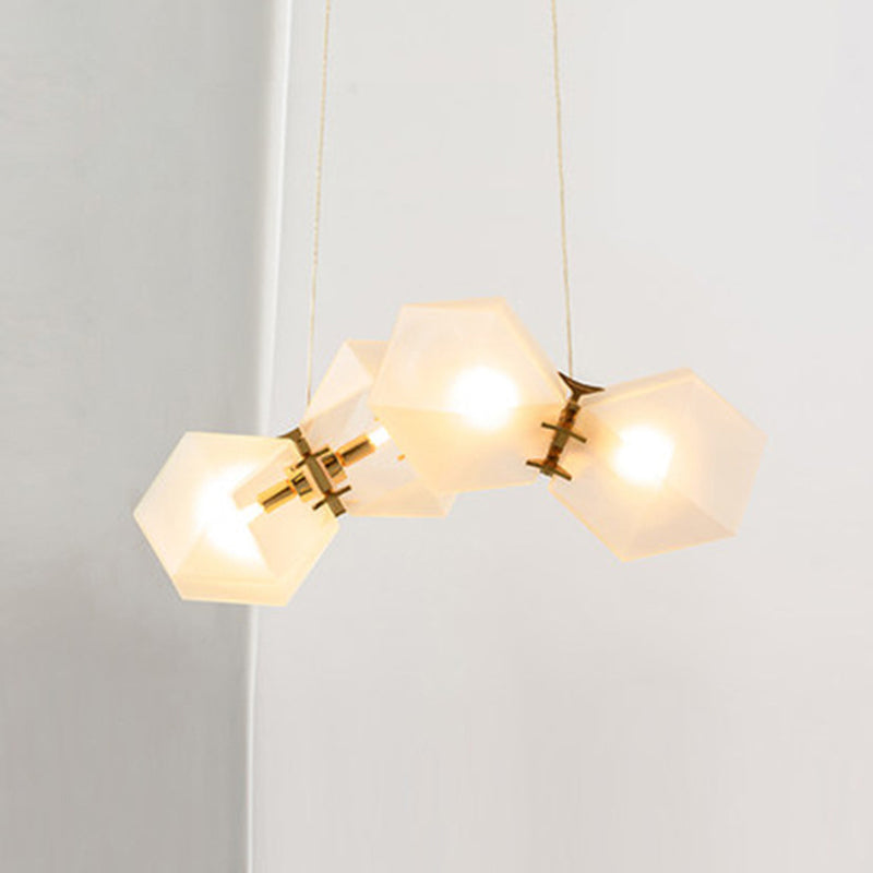 Frosted White Glass Honeycomb Island Lamp Modern Style 2/4/8-Light Brass Ceiling Hang Light for Living Room 4 White Clearhalo 'Ceiling Lights' 'Glass shade' 'Glass' 'Island Lights' Lighting' 1937748