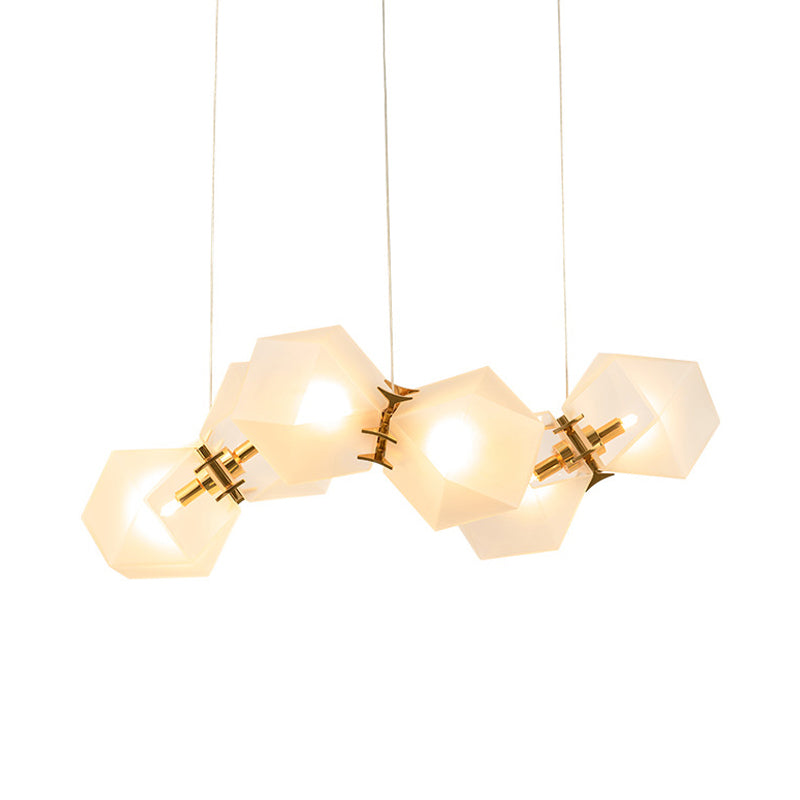 Frosted White Glass Honeycomb Island Lamp Modern Style 2/4/8-Light Brass Ceiling Hang Light for Living Room Clearhalo 'Ceiling Lights' 'Glass shade' 'Glass' 'Island Lights' Lighting' 1937757