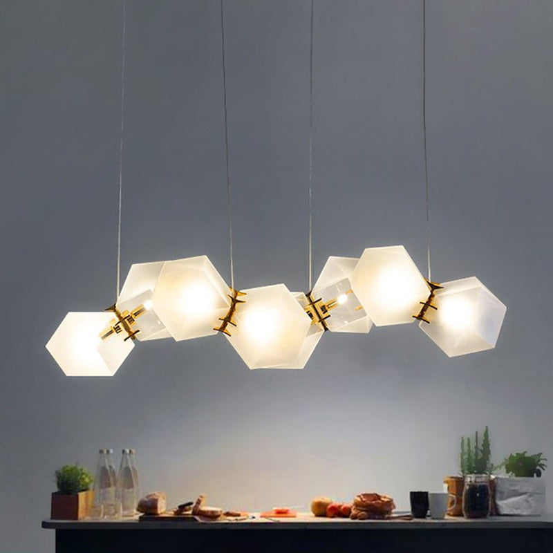 Frosted White Glass Honeycomb Island Lamp Modern Style 2/4/8-Light Brass Ceiling Hang Light for Living Room 8 White Clearhalo 'Ceiling Lights' 'Glass shade' 'Glass' 'Island Lights' Lighting' 1937760