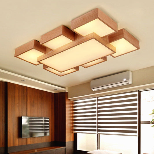 Beige Square/Rectangle Block Flush Light Modern 22"/31.5"/42" Wide LED Wooden Ceiling Mounted Lamp Wood 42" B Clearhalo 'Ceiling Lights' 'Close To Ceiling Lights' 'Close to ceiling' Lighting' 1937905