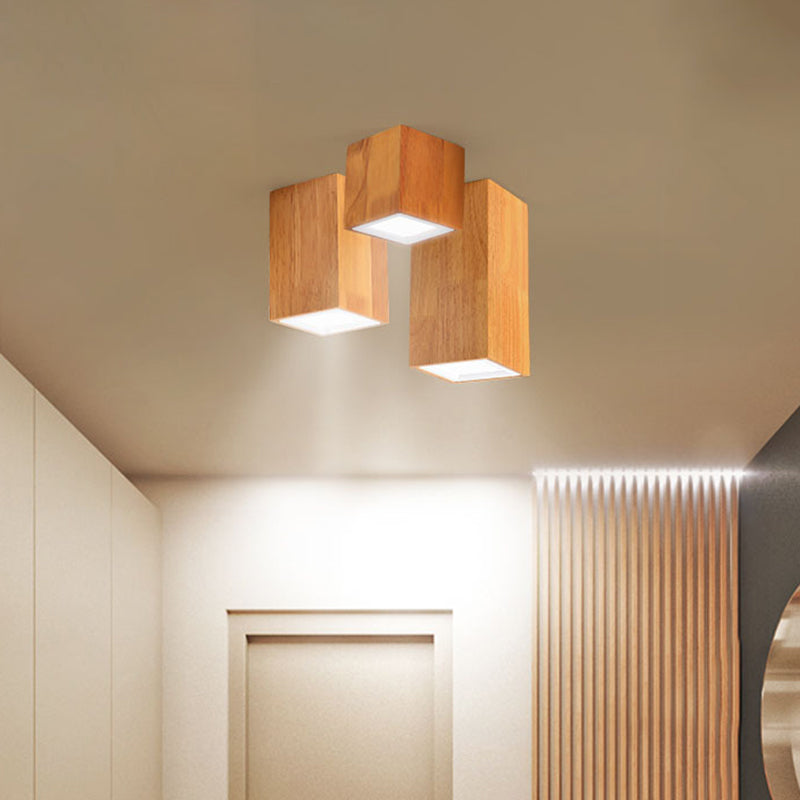 Round/Square Mini Corridor Ceiling Lamp Wooden 4"/6"/8" H LED Nordic Flush Mount Lighting in Beige Wood 8" Square Plate Clearhalo 'Ceiling Lights' 'Close To Ceiling Lights' 'Close to ceiling' 'Flush mount' Lighting' 1937939