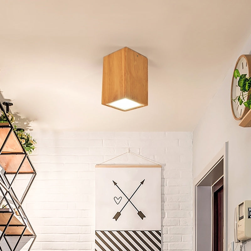 Round/Square Mini Corridor Ceiling Lamp Wooden 4"/6"/8" H LED Nordic Flush Mount Lighting in Beige Wood 6" Square Plate Clearhalo 'Ceiling Lights' 'Close To Ceiling Lights' 'Close to ceiling' 'Flush mount' Lighting' 1937943