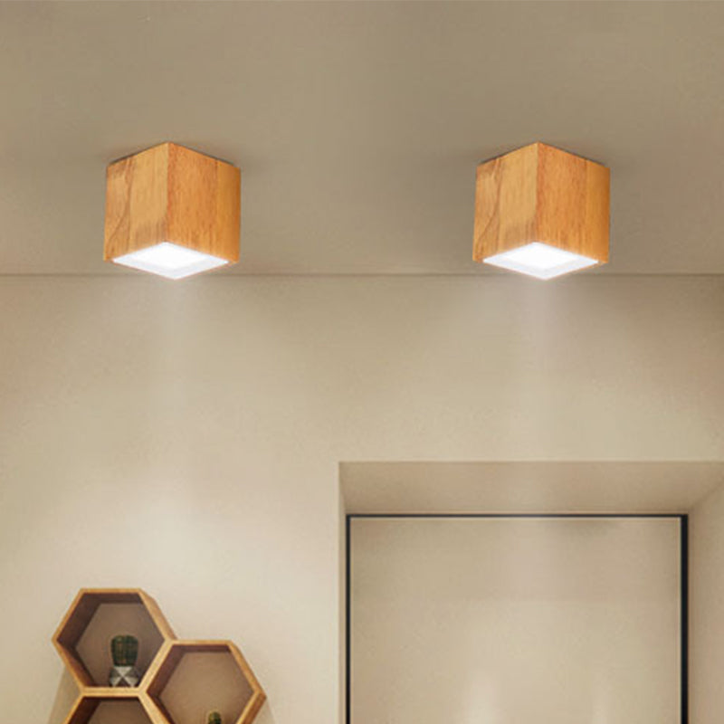 Round/Square Mini Corridor Ceiling Lamp Wooden 4"/6"/8" H LED Nordic Flush Mount Lighting in Beige Wood 4" Square Plate Clearhalo 'Ceiling Lights' 'Close To Ceiling Lights' 'Close to ceiling' 'Flush mount' Lighting' 1937947