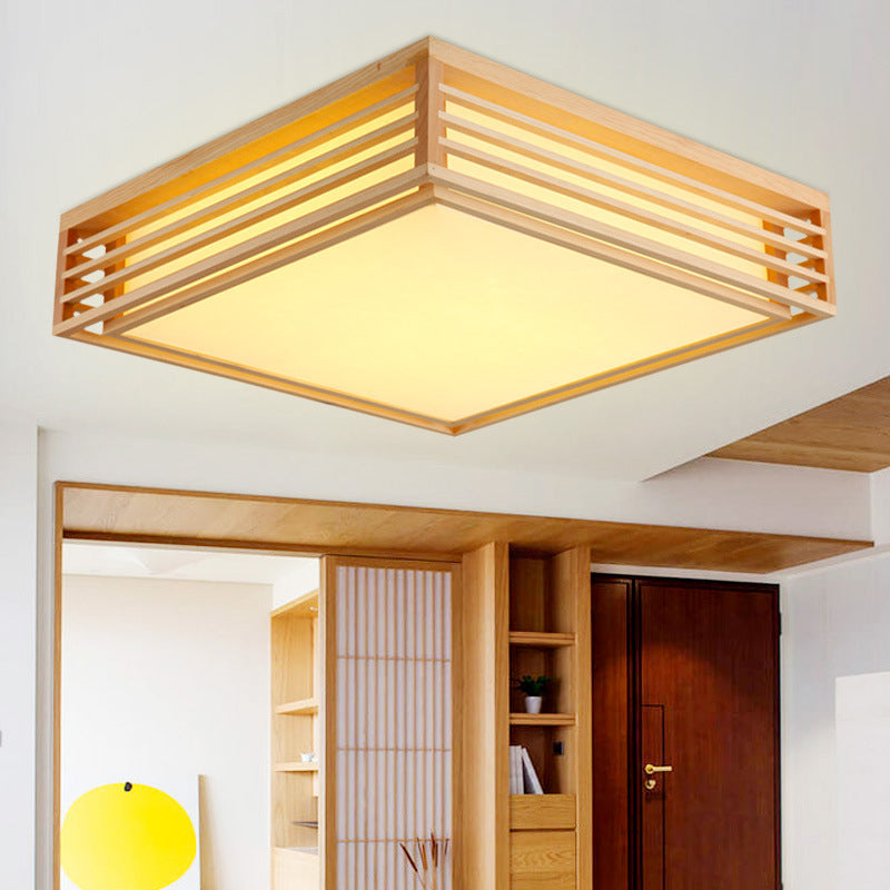 Square Acrylic Flush Ceiling Light Asian Beige LED Flush Mount Light Fixture in Warm/White Light with Wood Frame, 14"/21.5"/25.5" W Wood 14" Clearhalo 'Ceiling Lights' 'Close To Ceiling Lights' 'Close to ceiling' 'Flush mount' Lighting' 1937957