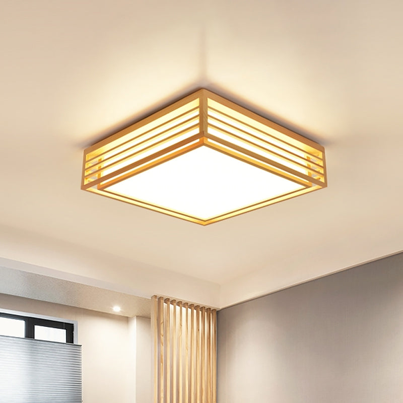 Square Acrylic Flush Ceiling Light Asian Beige LED Flush Mount Light Fixture in Warm/White Light with Wood Frame, 14"/21.5"/25.5" W Clearhalo 'Ceiling Lights' 'Close To Ceiling Lights' 'Close to ceiling' 'Flush mount' Lighting' 1937958