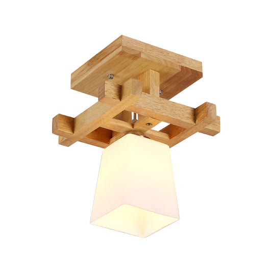 Trapezoidal Aisle Ceiling Lamp Opal Glass 1-Light Nordic Style Semi Flush Mount Light in Warm/White Light with Wood Top Clearhalo 'Ceiling Lights' 'Close To Ceiling Lights' 'Close to ceiling' 'Semi-flushmount' Lighting' 1937983