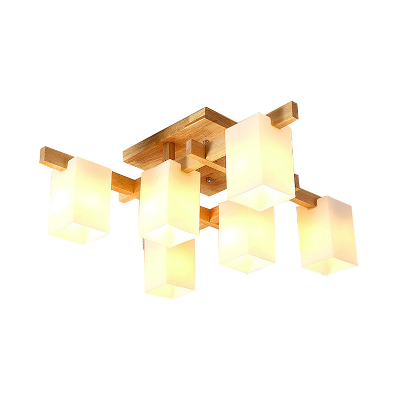 Frosted White Glass Cuboid Semi Flush Contemporary 6-Light Close to Ceiling Light with Wood Arm Clearhalo 'Ceiling Lights' 'Close To Ceiling Lights' 'Close to ceiling' 'Semi-flushmount' Lighting' 1937986