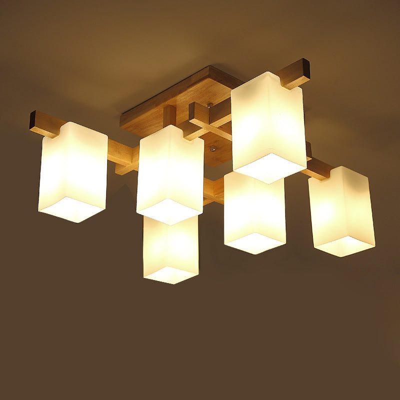 Frosted White Glass Cuboid Semi Flush Contemporary 6-Light Close to Ceiling Light with Wood Arm Clearhalo 'Ceiling Lights' 'Close To Ceiling Lights' 'Close to ceiling' 'Semi-flushmount' Lighting' 1937987