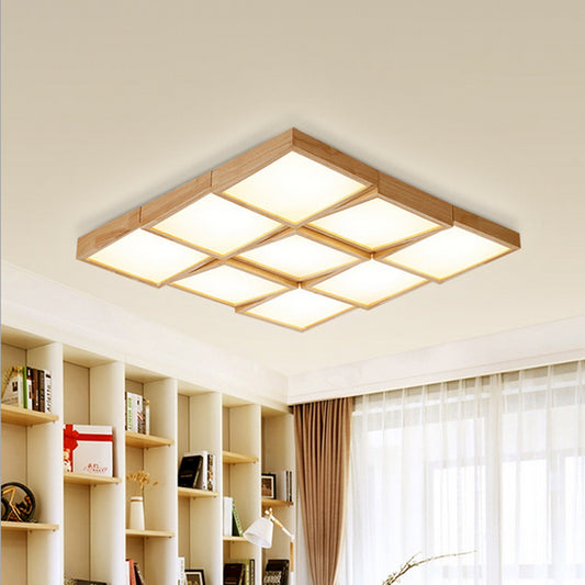 Checker Ceiling Light Fixture Nordic Wooden 1/6/9-Light Beige Flush Mount Lamp in Warm/White Light for Living Room Clearhalo 'Ceiling Lights' 'Close To Ceiling Lights' 'Close to ceiling' 'Flush mount' Lighting' 1938148