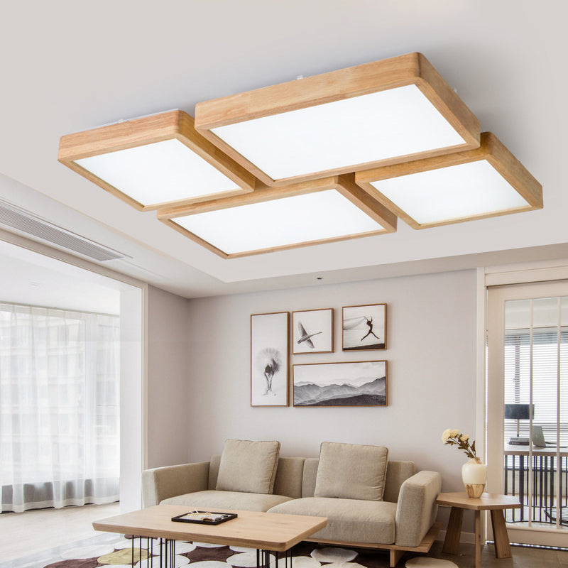 14"/21.5"/37.5" W Nordic LED Ceiling Flush Wood Square/Rectangle/Checkered Flushmount Lighting with Acrylic Shade, Warm/White Light Wood 37.5" Clearhalo 'Ceiling Lights' 'Close To Ceiling Lights' 'Close to ceiling' 'Flush mount' Lighting' 1938165