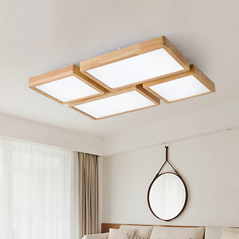 14"/21.5"/37.5" W Nordic LED Ceiling Flush Wood Square/Rectangle/Checkered Flushmount Lighting with Acrylic Shade, Warm/White Light Clearhalo 'Ceiling Lights' 'Close To Ceiling Lights' 'Close to ceiling' 'Flush mount' Lighting' 1938166