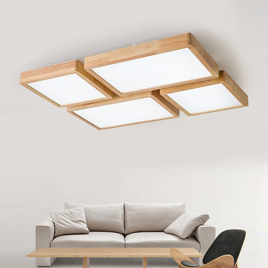 14"/21.5"/37.5" W Nordic LED Ceiling Flush Wood Square/Rectangle/Checkered Flushmount Lighting with Acrylic Shade, Warm/White Light Clearhalo 'Ceiling Lights' 'Close To Ceiling Lights' 'Close to ceiling' 'Flush mount' Lighting' 1938167