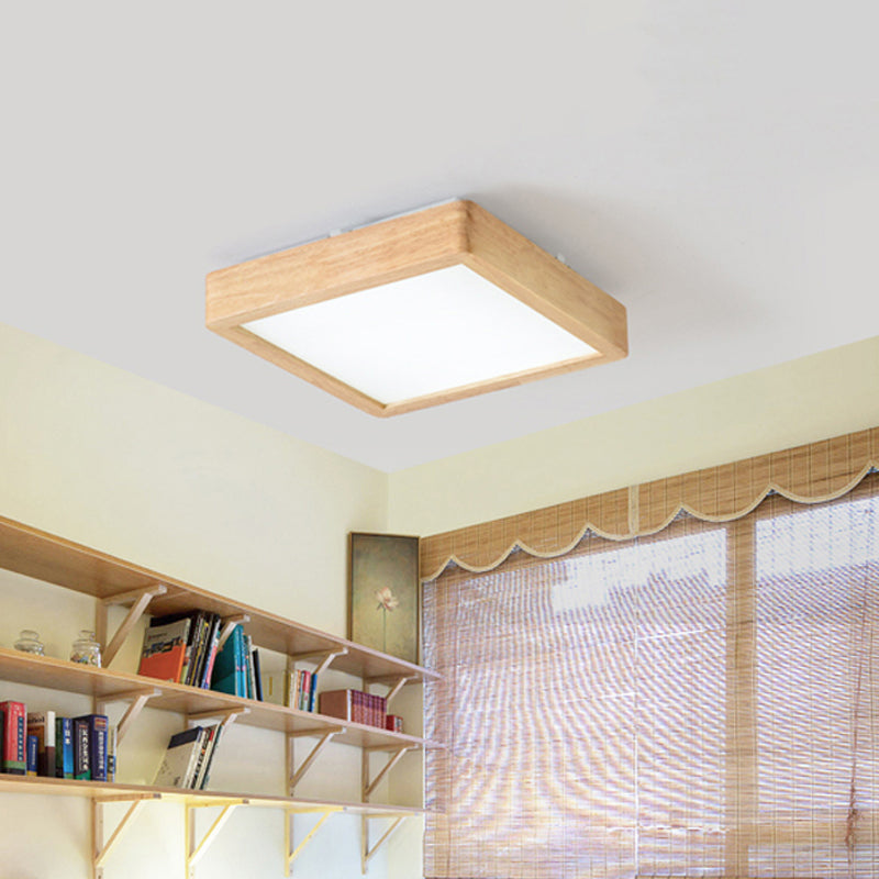 14"/21.5"/37.5" W Nordic LED Ceiling Flush Wood Square/Rectangle/Checkered Flushmount Lighting with Acrylic Shade, Warm/White Light Wood 14" Clearhalo 'Ceiling Lights' 'Close To Ceiling Lights' 'Close to ceiling' 'Flush mount' Lighting' 1938170