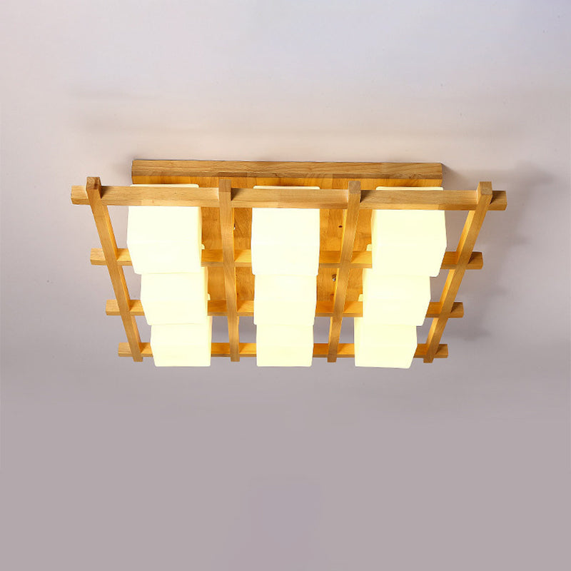 Wood Grid Semi Flush Mount Lamp Modern 4/6/9-Head Beige Ceiling Light with Square Milk Glass Shade Clearhalo 'Ceiling Lights' 'Close To Ceiling Lights' 'Close to ceiling' 'Semi-flushmount' Lighting' 1938208