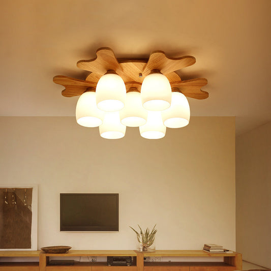 Cream Glass Bell Flush Ceiling Light Nordic 1/5/7-Head Semi Mount Lighting with Antler Top in Wood 7 Wood Clearhalo 'Ceiling Lights' 'Close To Ceiling Lights' 'Close to ceiling' 'Semi-flushmount' Lighting' 1938215