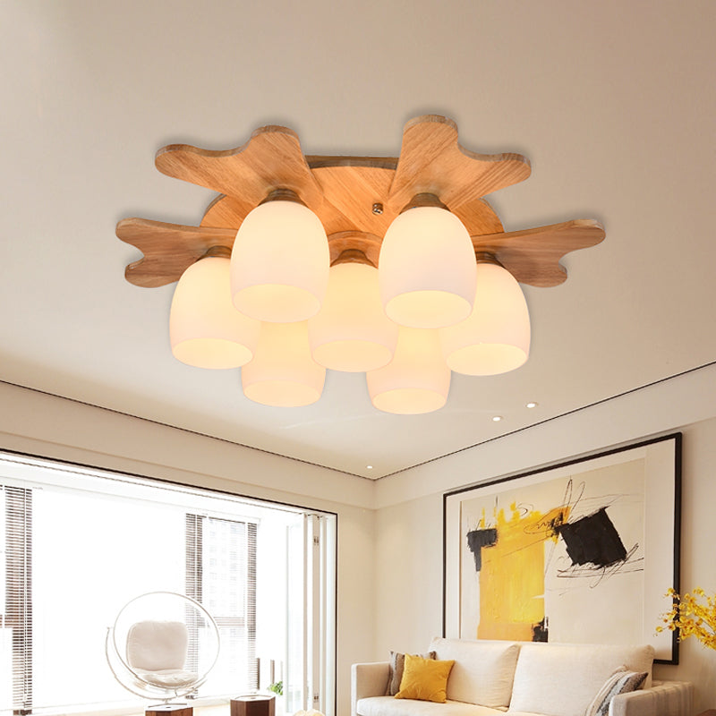 Cream Glass Bell Flush Ceiling Light Nordic 1/5/7-Head Semi Mount Lighting with Antler Top in Wood Clearhalo 'Ceiling Lights' 'Close To Ceiling Lights' 'Close to ceiling' 'Semi-flushmount' Lighting' 1938216