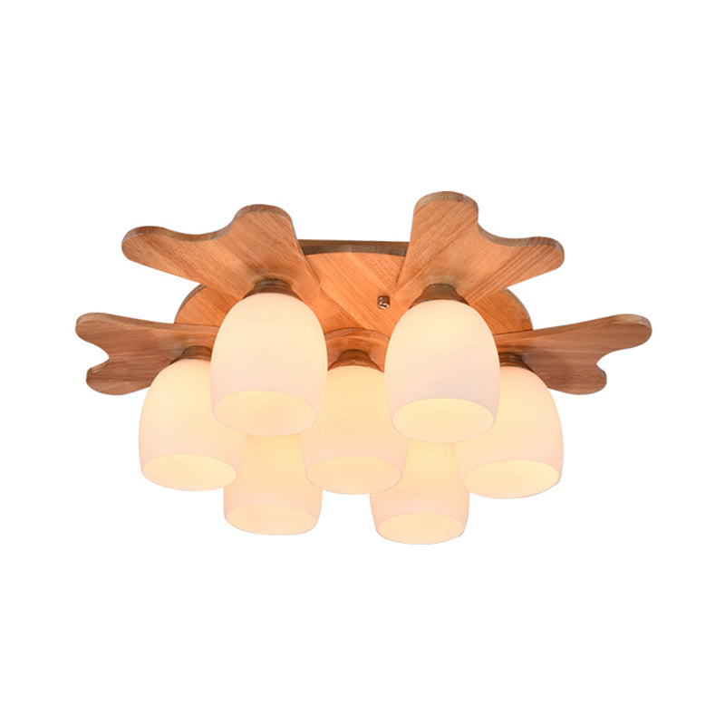 Cream Glass Bell Flush Ceiling Light Nordic 1/5/7-Head Semi Mount Lighting with Antler Top in Wood Clearhalo 'Ceiling Lights' 'Close To Ceiling Lights' 'Close to ceiling' 'Semi-flushmount' Lighting' 1938217