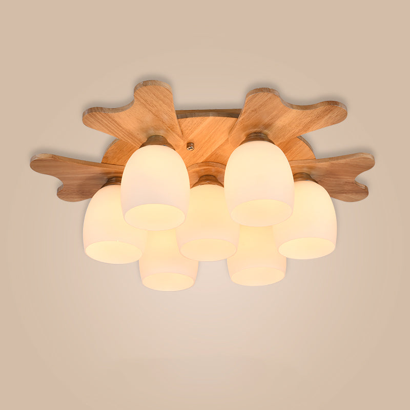 Cream Glass Bell Flush Ceiling Light Nordic 1/5/7-Head Semi Mount Lighting with Antler Top in Wood Clearhalo 'Ceiling Lights' 'Close To Ceiling Lights' 'Close to ceiling' 'Semi-flushmount' Lighting' 1938218