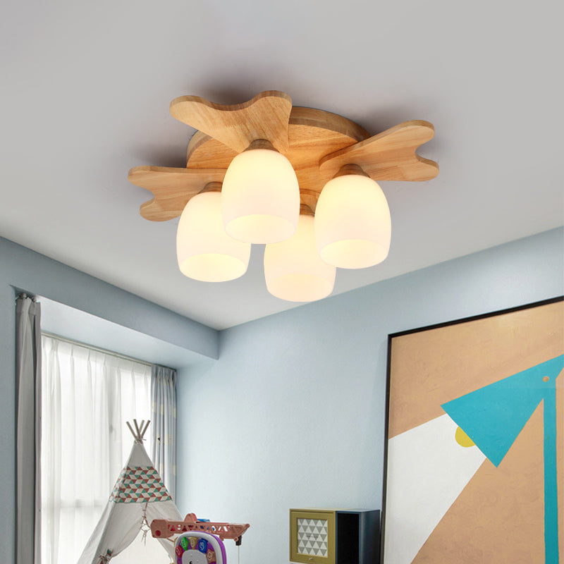 Cream Glass Bell Flush Ceiling Light Nordic 1/5/7-Head Semi Mount Lighting with Antler Top in Wood 4 Wood Clearhalo 'Ceiling Lights' 'Close To Ceiling Lights' 'Close to ceiling' 'Semi-flushmount' Lighting' 1938220