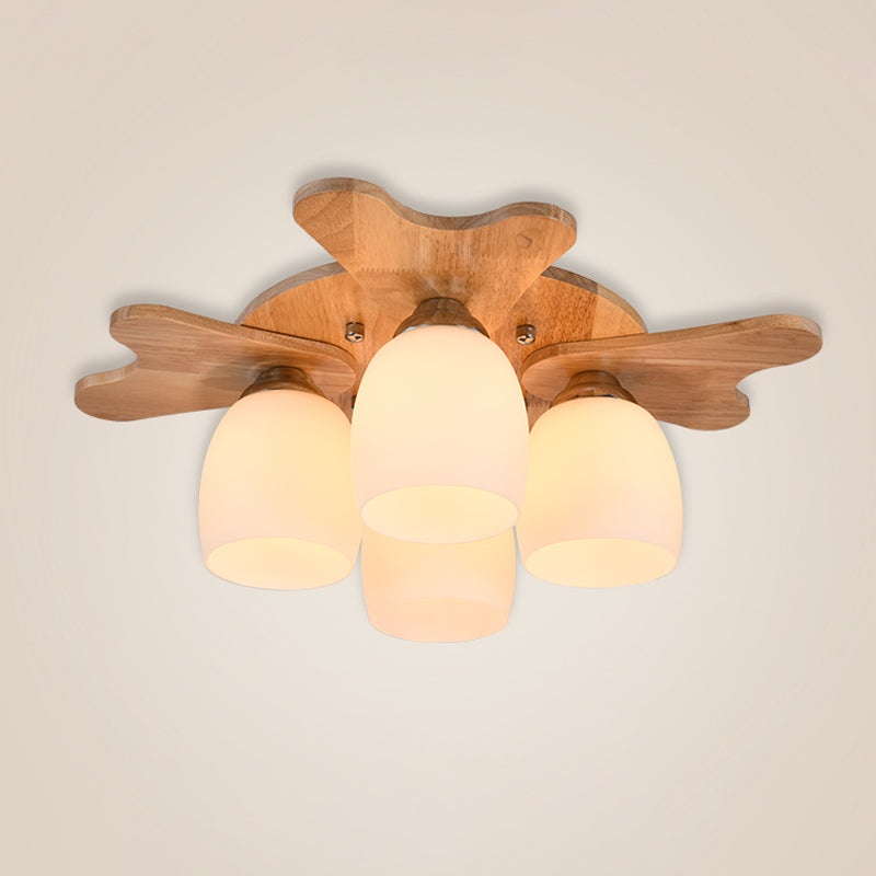 Cream Glass Bell Flush Ceiling Light Nordic 1/5/7-Head Semi Mount Lighting with Antler Top in Wood Clearhalo 'Ceiling Lights' 'Close To Ceiling Lights' 'Close to ceiling' 'Semi-flushmount' Lighting' 1938222