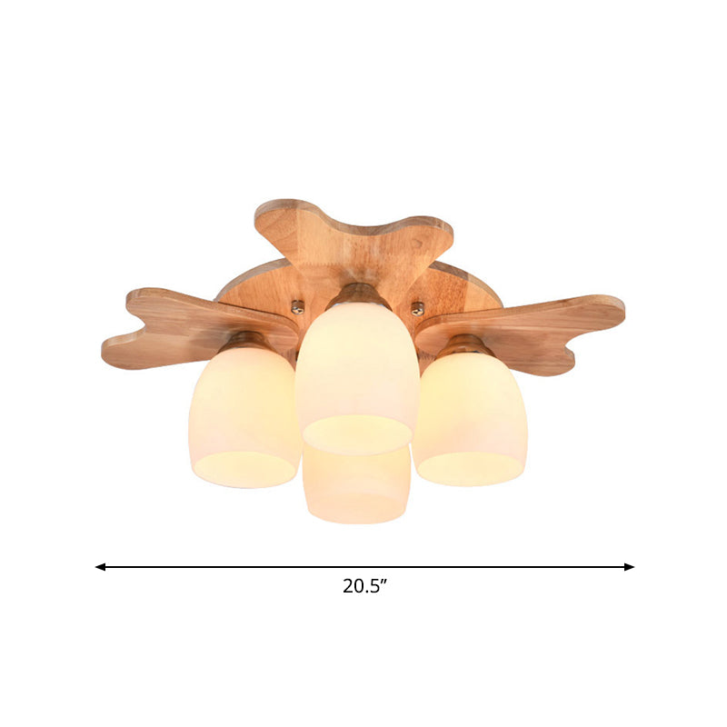 Cream Glass Bell Flush Ceiling Light Nordic 1/5/7-Head Semi Mount Lighting with Antler Top in Wood Clearhalo 'Ceiling Lights' 'Close To Ceiling Lights' 'Close to ceiling' 'Semi-flushmount' Lighting' 1938223