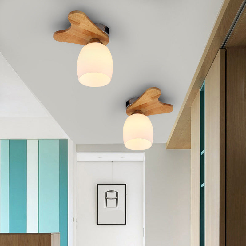 Cream Glass Bell Flush Ceiling Light Nordic 1/5/7-Head Semi Mount Lighting with Antler Top in Wood 1 Wood Clearhalo 'Ceiling Lights' 'Close To Ceiling Lights' 'Close to ceiling' 'Semi-flushmount' Lighting' 1938224