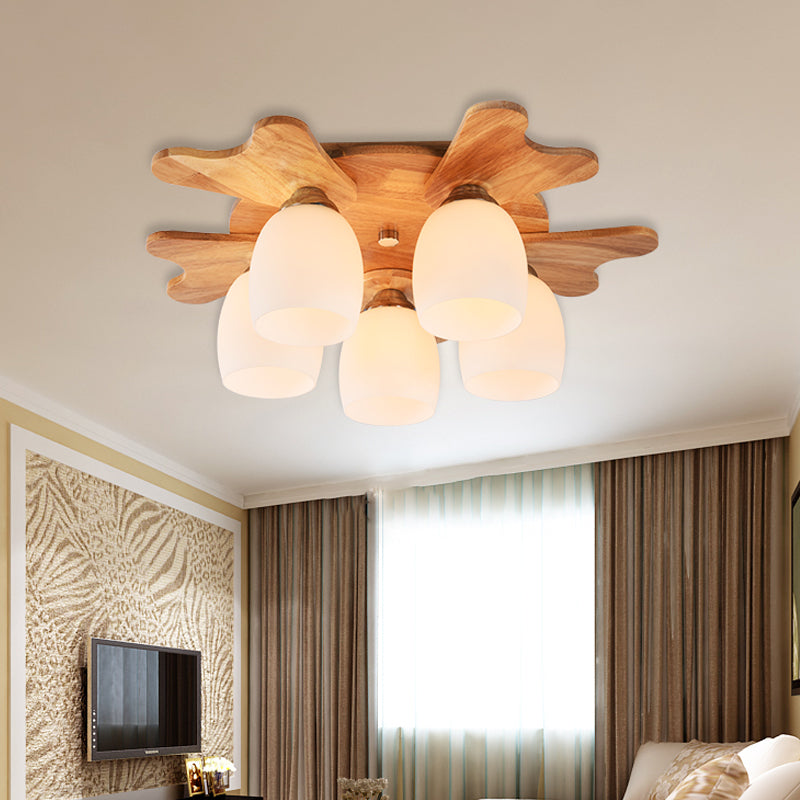 Cream Glass Bell Flush Ceiling Light Nordic 1/5/7-Head Semi Mount Lighting with Antler Top in Wood 5 Wood Clearhalo 'Ceiling Lights' 'Close To Ceiling Lights' 'Close to ceiling' 'Semi-flushmount' Lighting' 1938227