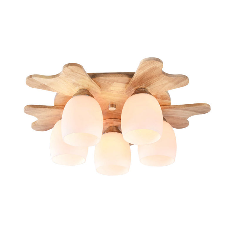 Cream Glass Bell Flush Ceiling Light Nordic 1/5/7-Head Semi Mount Lighting with Antler Top in Wood Clearhalo 'Ceiling Lights' 'Close To Ceiling Lights' 'Close to ceiling' 'Semi-flushmount' Lighting' 1938228