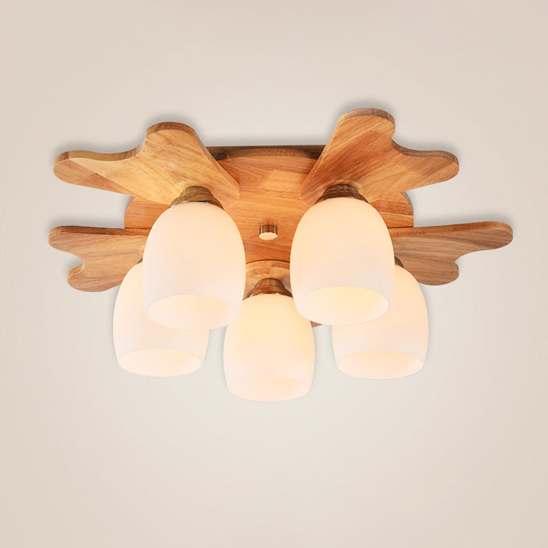 Cream Glass Bell Flush Ceiling Light Nordic 1/5/7-Head Semi Mount Lighting with Antler Top in Wood Clearhalo 'Ceiling Lights' 'Close To Ceiling Lights' 'Close to ceiling' 'Semi-flushmount' Lighting' 1938229