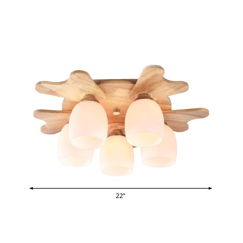 Cream Glass Bell Flush Ceiling Light Nordic 1/5/7-Head Semi Mount Lighting with Antler Top in Wood Clearhalo 'Ceiling Lights' 'Close To Ceiling Lights' 'Close to ceiling' 'Semi-flushmount' Lighting' 1938230