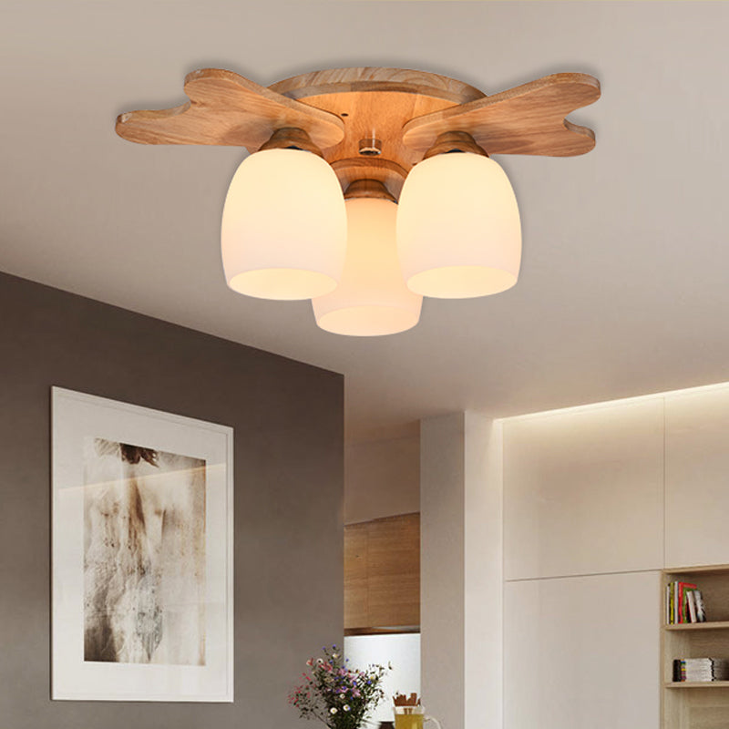 Cream Glass Bell Flush Ceiling Light Nordic 1/5/7-Head Semi Mount Lighting with Antler Top in Wood 3 Wood Clearhalo 'Ceiling Lights' 'Close To Ceiling Lights' 'Close to ceiling' 'Semi-flushmount' Lighting' 1938231