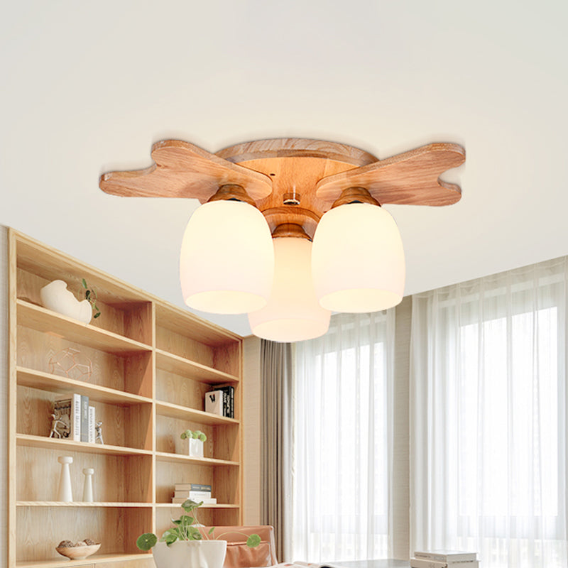 Cream Glass Bell Flush Ceiling Light Nordic 1/5/7-Head Semi Mount Lighting with Antler Top in Wood Clearhalo 'Ceiling Lights' 'Close To Ceiling Lights' 'Close to ceiling' 'Semi-flushmount' Lighting' 1938232