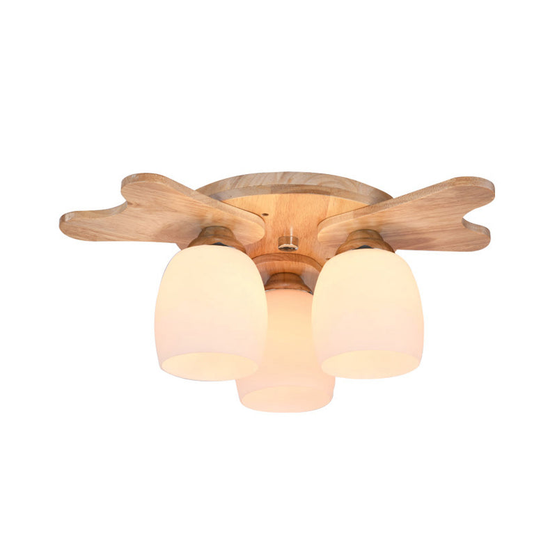 Cream Glass Bell Flush Ceiling Light Nordic 1/5/7-Head Semi Mount Lighting with Antler Top in Wood Clearhalo 'Ceiling Lights' 'Close To Ceiling Lights' 'Close to ceiling' 'Semi-flushmount' Lighting' 1938233