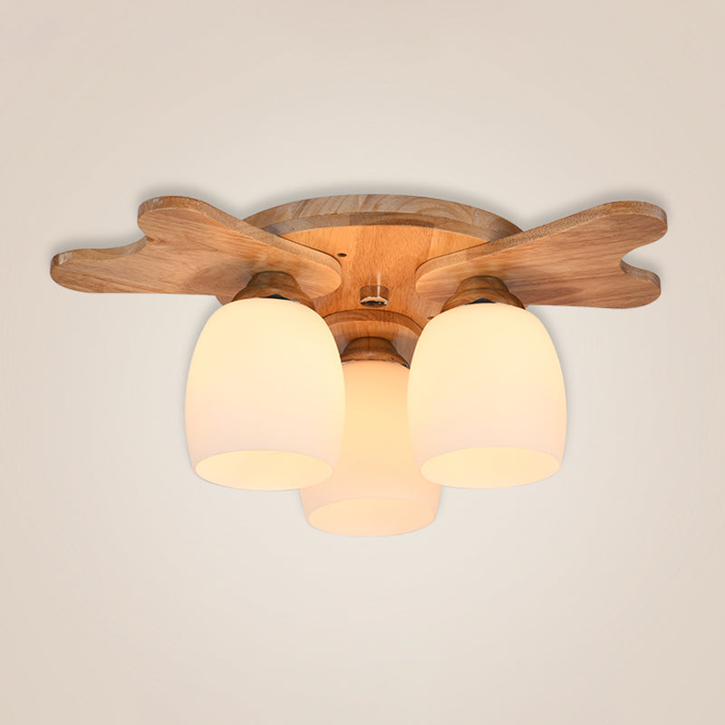 Cream Glass Bell Flush Ceiling Light Nordic 1/5/7-Head Semi Mount Lighting with Antler Top in Wood Clearhalo 'Ceiling Lights' 'Close To Ceiling Lights' 'Close to ceiling' 'Semi-flushmount' Lighting' 1938234