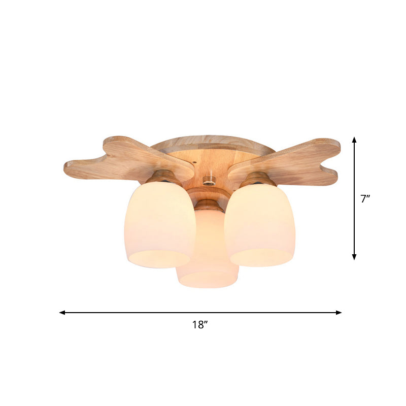 Cream Glass Bell Flush Ceiling Light Nordic 1/5/7-Head Semi Mount Lighting with Antler Top in Wood Clearhalo 'Ceiling Lights' 'Close To Ceiling Lights' 'Close to ceiling' 'Semi-flushmount' Lighting' 1938235