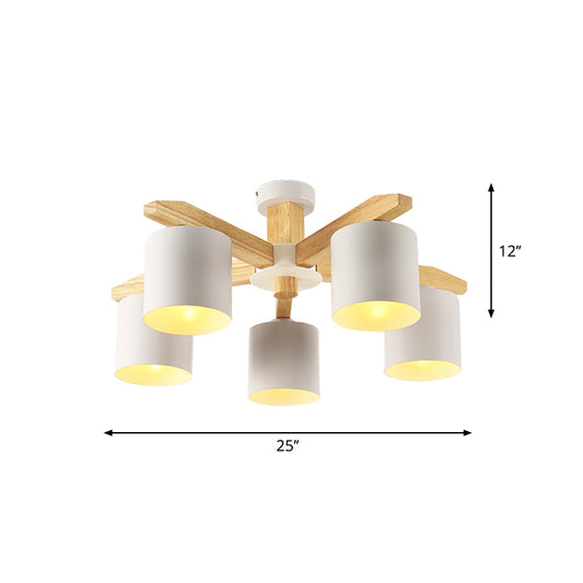 Sputnik Wooden Semi Mount Lighting Nordic 5/6/8-Light White Flush Ceiling Light with Cylindrical Metal Shade Clearhalo 'Ceiling Lights' 'Close To Ceiling Lights' 'Close to ceiling' 'Semi-flushmount' Lighting' 1938265