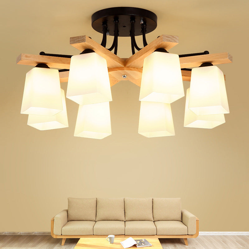 3/6/8 Lights Living Room Semi Flush Nordic Black and Wood Flush Mount Ceiling Chandelier with Square Milk Glass Shade 8 Black Clearhalo 'Ceiling Lights' 'Close To Ceiling Lights' 'Close to ceiling' 'Semi-flushmount' Lighting' 1938271