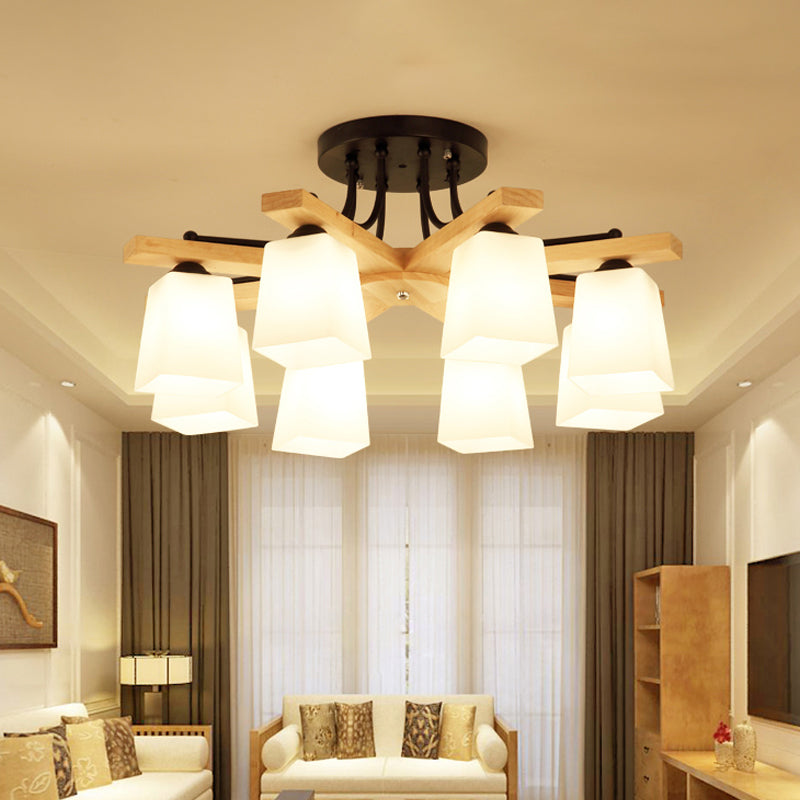 3/6/8 Lights Living Room Semi Flush Nordic Black and Wood Flush Mount Ceiling Chandelier with Square Milk Glass Shade Clearhalo 'Ceiling Lights' 'Close To Ceiling Lights' 'Close to ceiling' 'Semi-flushmount' Lighting' 1938272