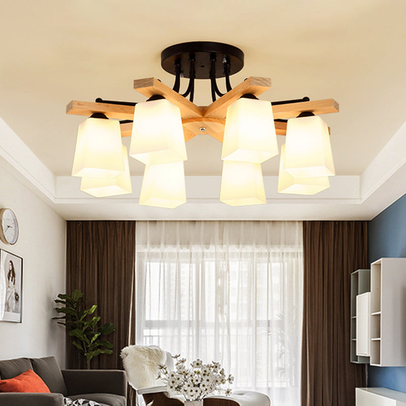 3/6/8 Lights Living Room Semi Flush Nordic Black and Wood Flush Mount Ceiling Chandelier with Square Milk Glass Shade Clearhalo 'Ceiling Lights' 'Close To Ceiling Lights' 'Close to ceiling' 'Semi-flushmount' Lighting' 1938273