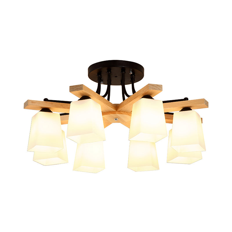 3/6/8 Lights Living Room Semi Flush Nordic Black and Wood Flush Mount Ceiling Chandelier with Square Milk Glass Shade Clearhalo 'Ceiling Lights' 'Close To Ceiling Lights' 'Close to ceiling' 'Semi-flushmount' Lighting' 1938274