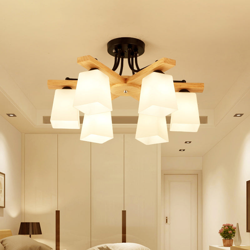 3/6/8 Lights Living Room Semi Flush Nordic Black and Wood Flush Mount Ceiling Chandelier with Square Milk Glass Shade 6 Black Clearhalo 'Ceiling Lights' 'Close To Ceiling Lights' 'Close to ceiling' 'Semi-flushmount' Lighting' 1938276