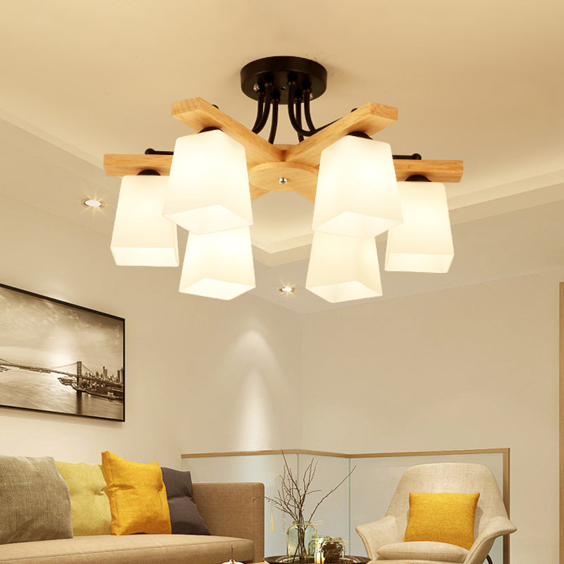 3/6/8 Lights Living Room Semi Flush Nordic Black and Wood Flush Mount Ceiling Chandelier with Square Milk Glass Shade Clearhalo 'Ceiling Lights' 'Close To Ceiling Lights' 'Close to ceiling' 'Semi-flushmount' Lighting' 1938277