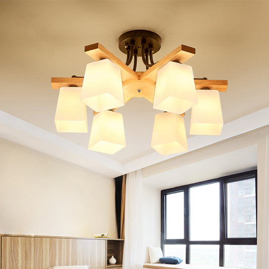 3/6/8 Lights Living Room Semi Flush Nordic Black and Wood Flush Mount Ceiling Chandelier with Square Milk Glass Shade Clearhalo 'Ceiling Lights' 'Close To Ceiling Lights' 'Close to ceiling' 'Semi-flushmount' Lighting' 1938278