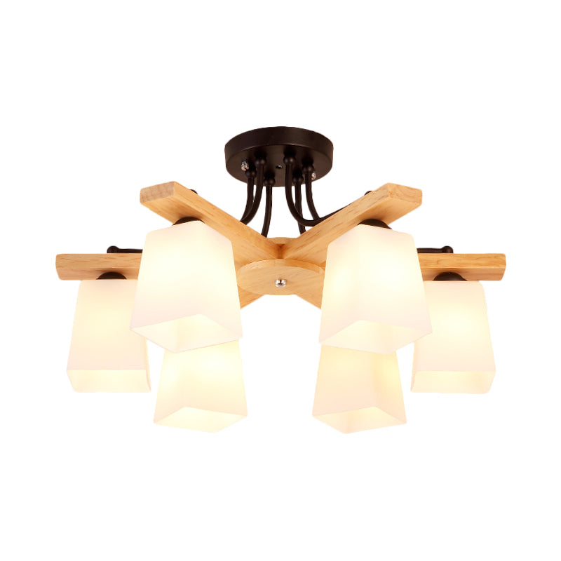 3/6/8 Lights Living Room Semi Flush Nordic Black and Wood Flush Mount Ceiling Chandelier with Square Milk Glass Shade Clearhalo 'Ceiling Lights' 'Close To Ceiling Lights' 'Close to ceiling' 'Semi-flushmount' Lighting' 1938279