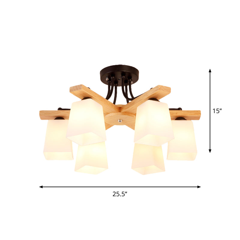 3/6/8 Lights Living Room Semi Flush Nordic Black and Wood Flush Mount Ceiling Chandelier with Square Milk Glass Shade Clearhalo 'Ceiling Lights' 'Close To Ceiling Lights' 'Close to ceiling' 'Semi-flushmount' Lighting' 1938280