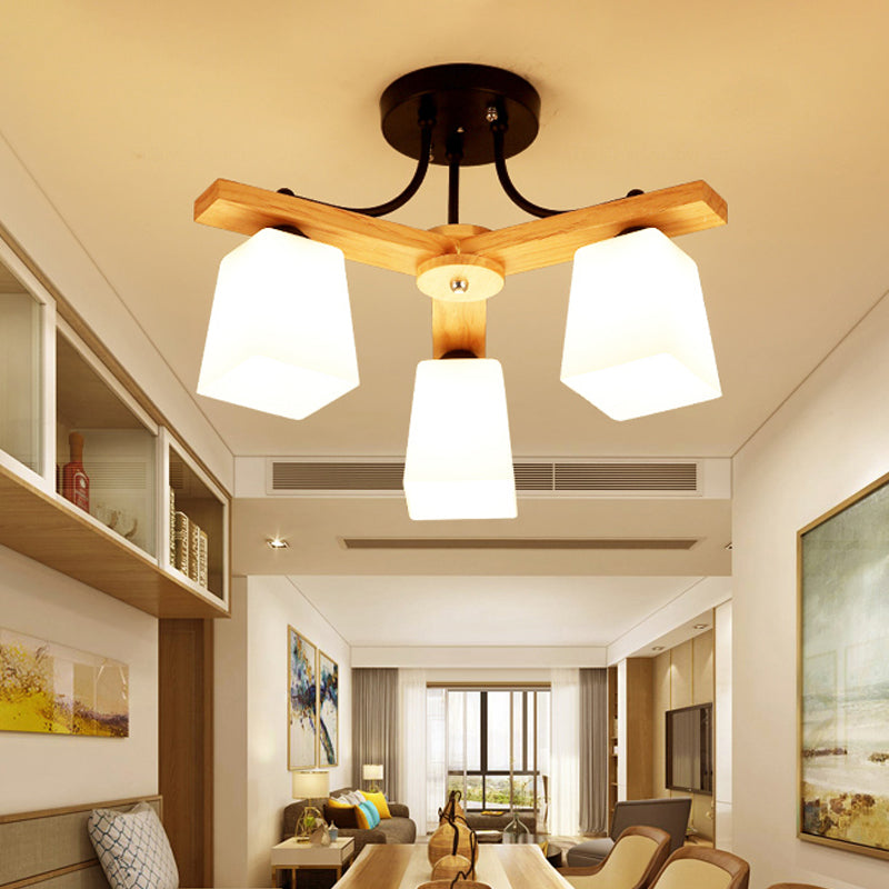 3/6/8 Lights Living Room Semi Flush Nordic Black and Wood Flush Mount Ceiling Chandelier with Square Milk Glass Shade 3 Black Clearhalo 'Ceiling Lights' 'Close To Ceiling Lights' 'Close to ceiling' 'Semi-flushmount' Lighting' 1938281